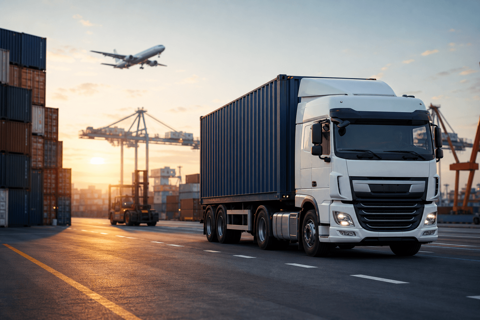 Container truck moving through a modern freight terminal